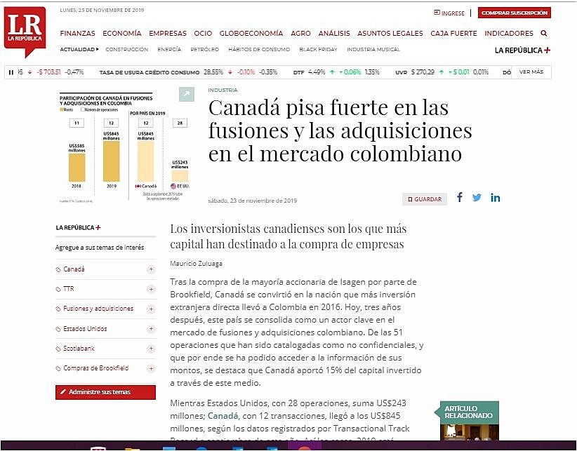 Canad pisa fuerte en las fusiones y las adquisiciones en el mercado colombiano